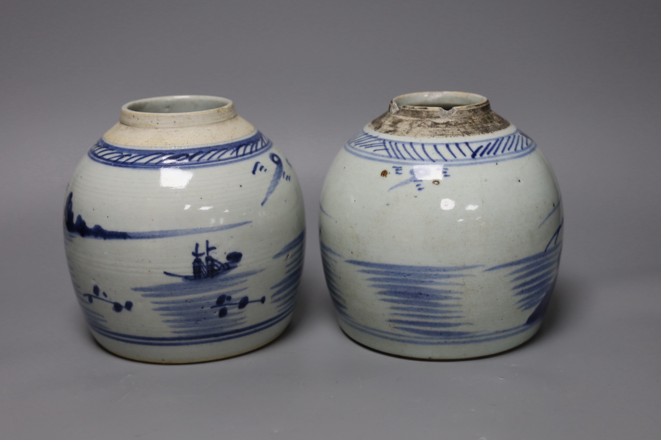 Two 18th century Chinese provincial blue and white jars, tallest 17 cms high